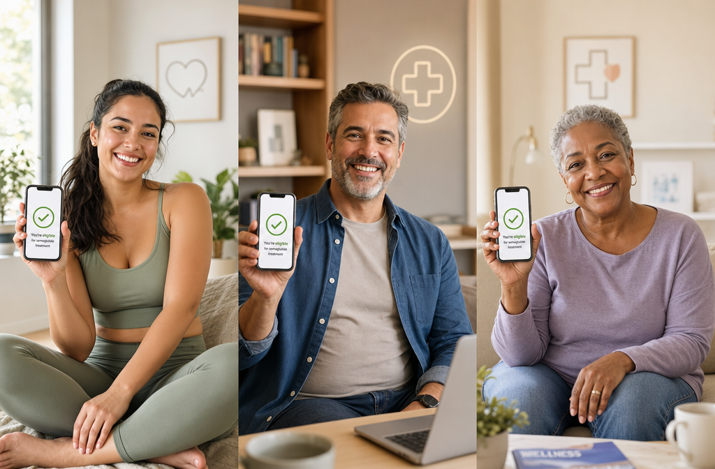 Best semaglutide telehealth 3 () showing a diverse group of three adults (different ages and body types) sitting separately in bright home environments,