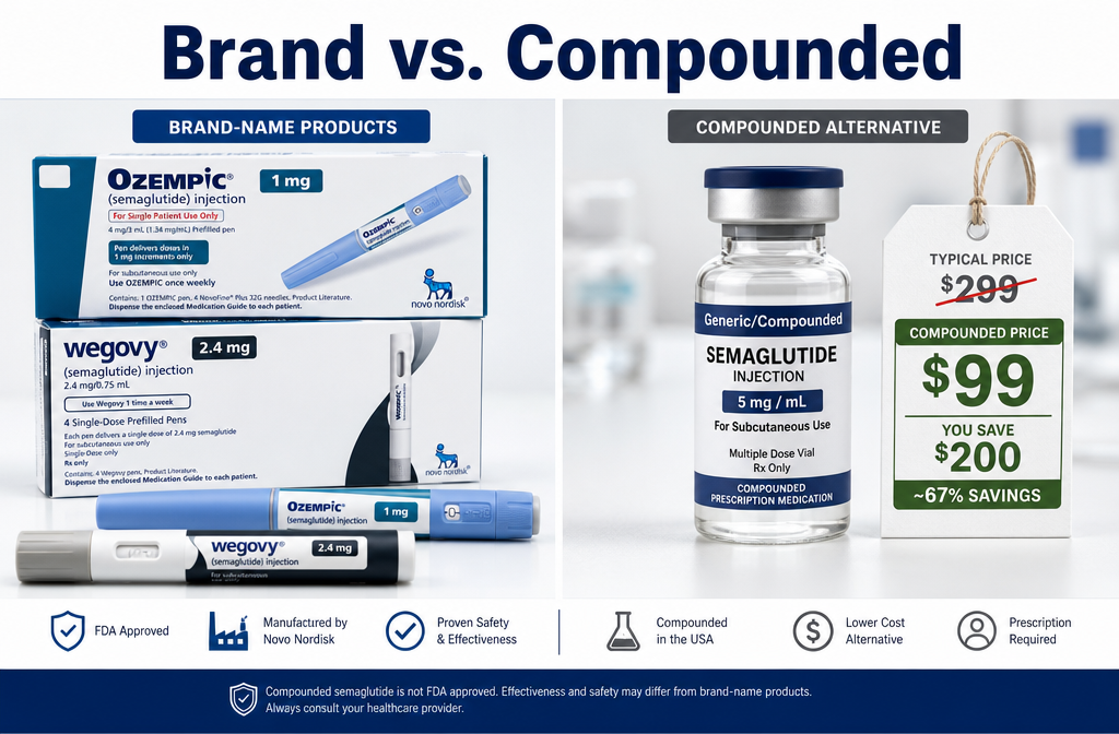Best semaglutide telehealth 4 () side-by-side visual comparison: left panel shows branded Ozempic and Wegovy injection pens with official blue packaging