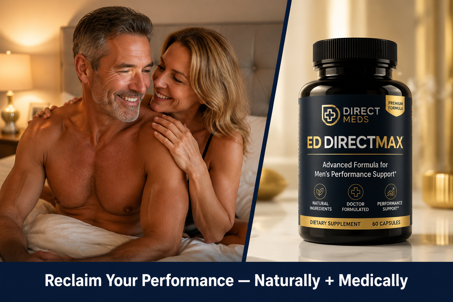 best prescription impotence medication online 3 () split-composition image: left side shows a confident, fit man in his 50s smiling with a partner in a warm bedroom setting