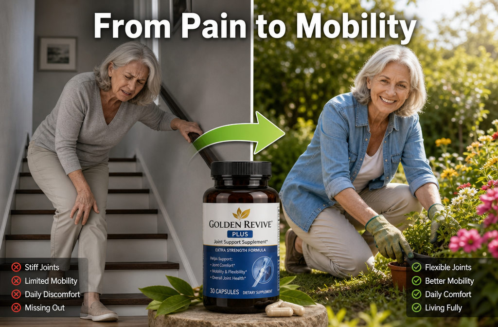 joint care supplements 3 () split-composition image: left side shows an older woman in her 60s grimacing while trying to climb stairs, muted grey