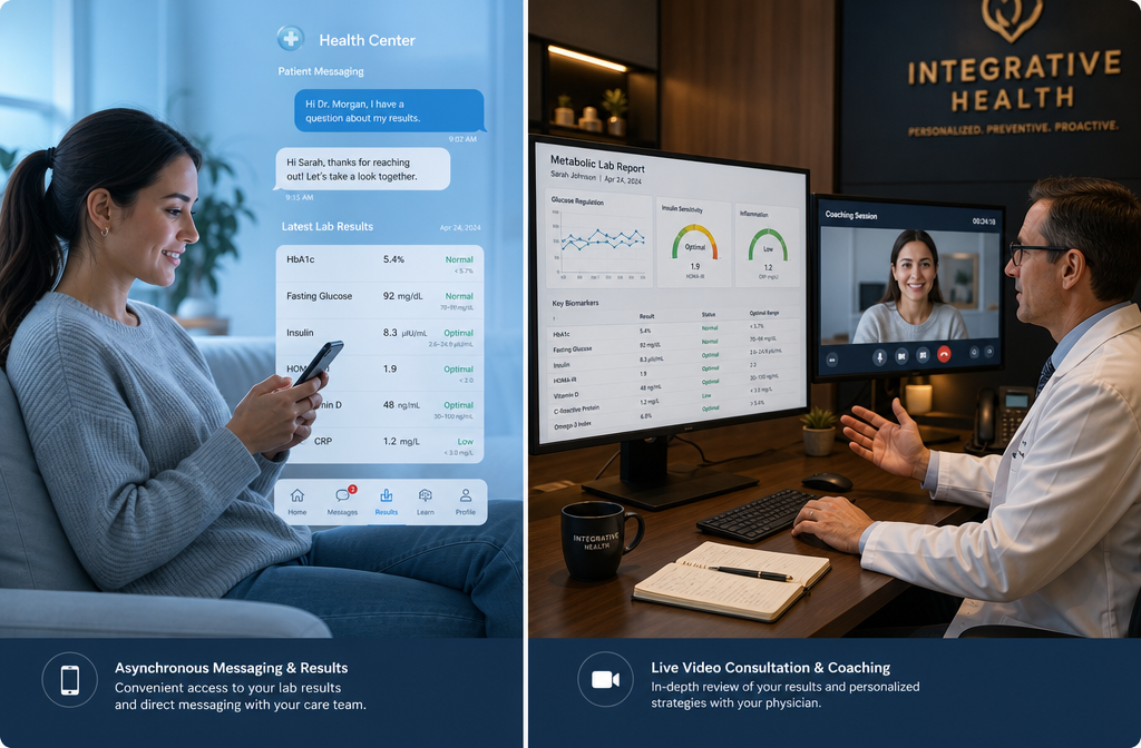 Ro vs Sequence 3 () split medical consultation scene: left panel shows a casual patient typing on phone for asynchronous Ro telehealth