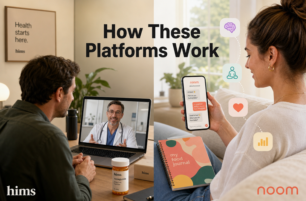 () split medical consultation scene: left side shows a male patient on a video call with a licensed physician on a laptop