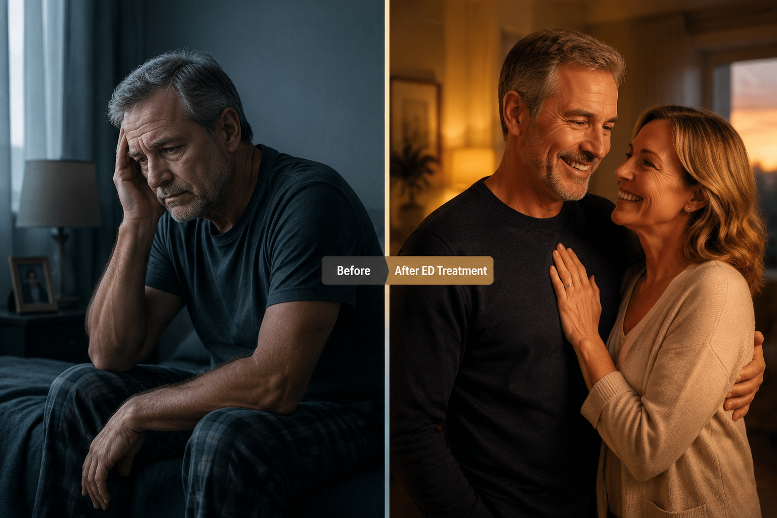 viagra alternative that works faster 3 () split-scene editorial illustration: left side shows a man in his late 50s looking stressed and uncertain sitting alone;