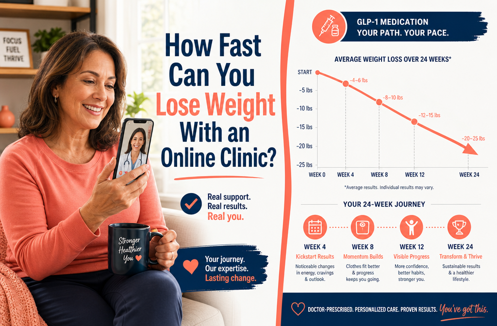 Best online weight loss clinic 3 () split-scene illustration: left side shows a woman over 40 doing a virtual consultation on her phone at home in