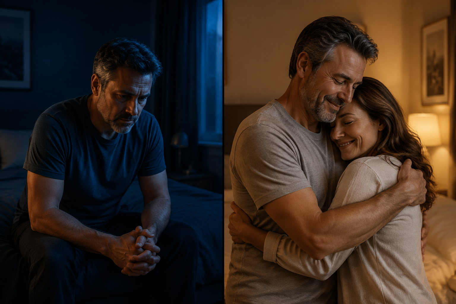 () split-scene illustration showing left side: a frustrated middle-aged man sitting alone in a dim bedroom looking downward,