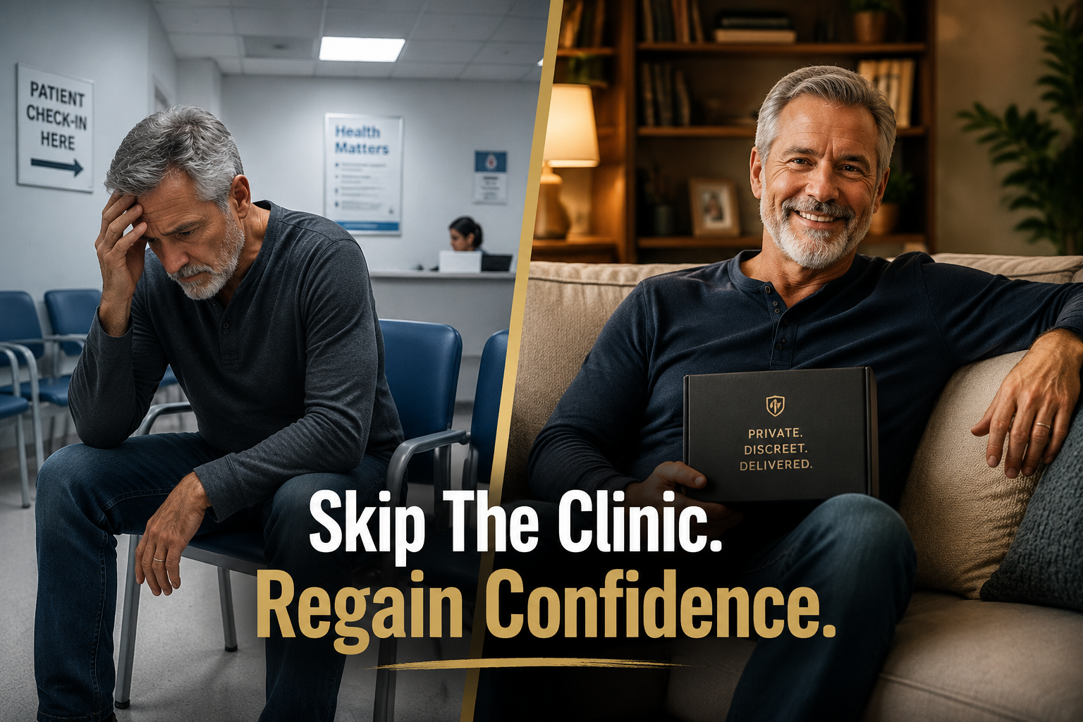 strongest alternative to viagra in 2026 2 () split-scene image: left side shows a frustrated older man sitting in a sterile clinic waiting room under harsh