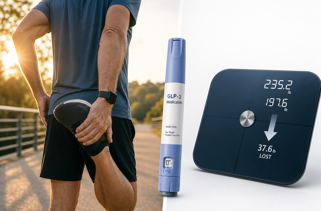 Best GLP1 membership 3 () split-scene image: left side shows a man over 40 exercising outdoors with a fitness tracker, right side shows a digital