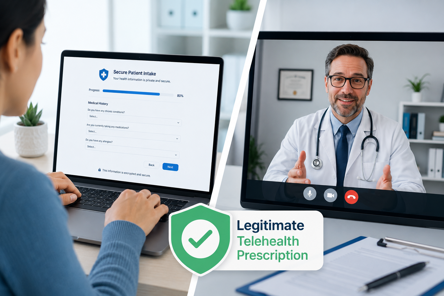 () split-scene image: left side shows a person at a laptop completing an online medical intake form with a progress bar at