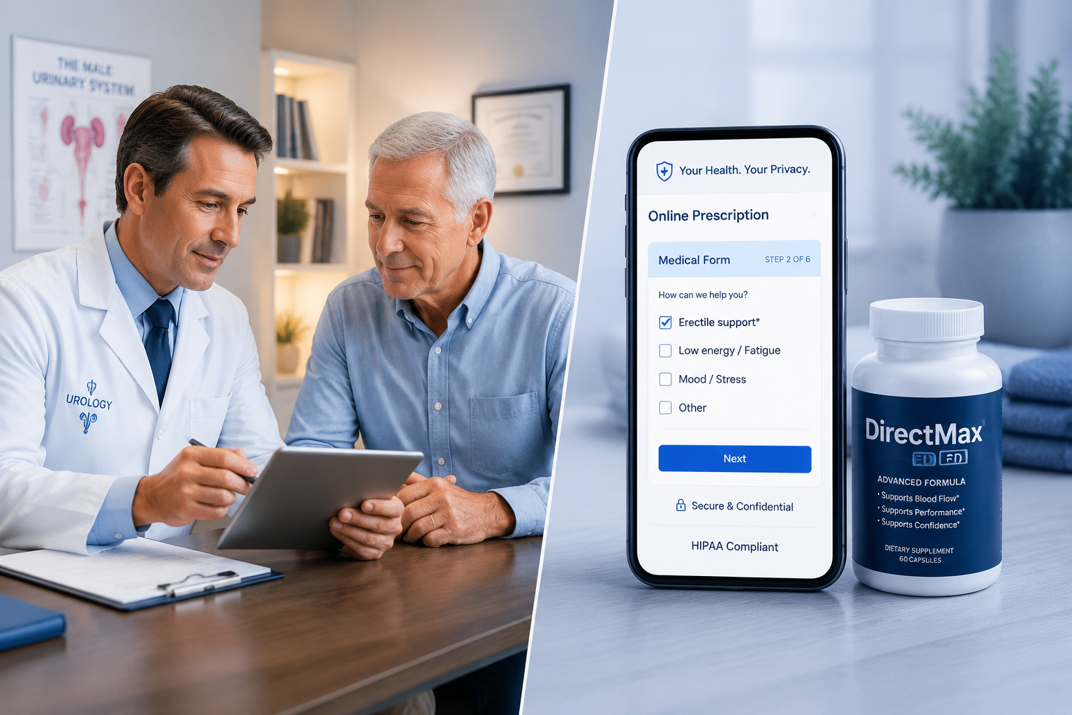 () split-scene image: left side shows a urologist in a white coat at a desk reviewing a tablet with a male patient in his