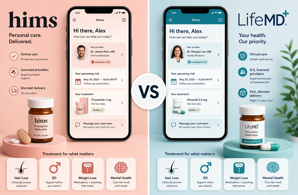 Hims vs LifeMD 1 () split-screen comparison graphic showing Hims branded interface on left in pink-coral tones versus LifeMD branded