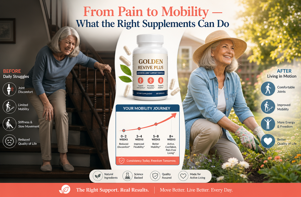 vitamins for knee joint pain 2 () split-screen comparison infographic showing on the left side a senior woman grimacing while trying to climb stairs with a