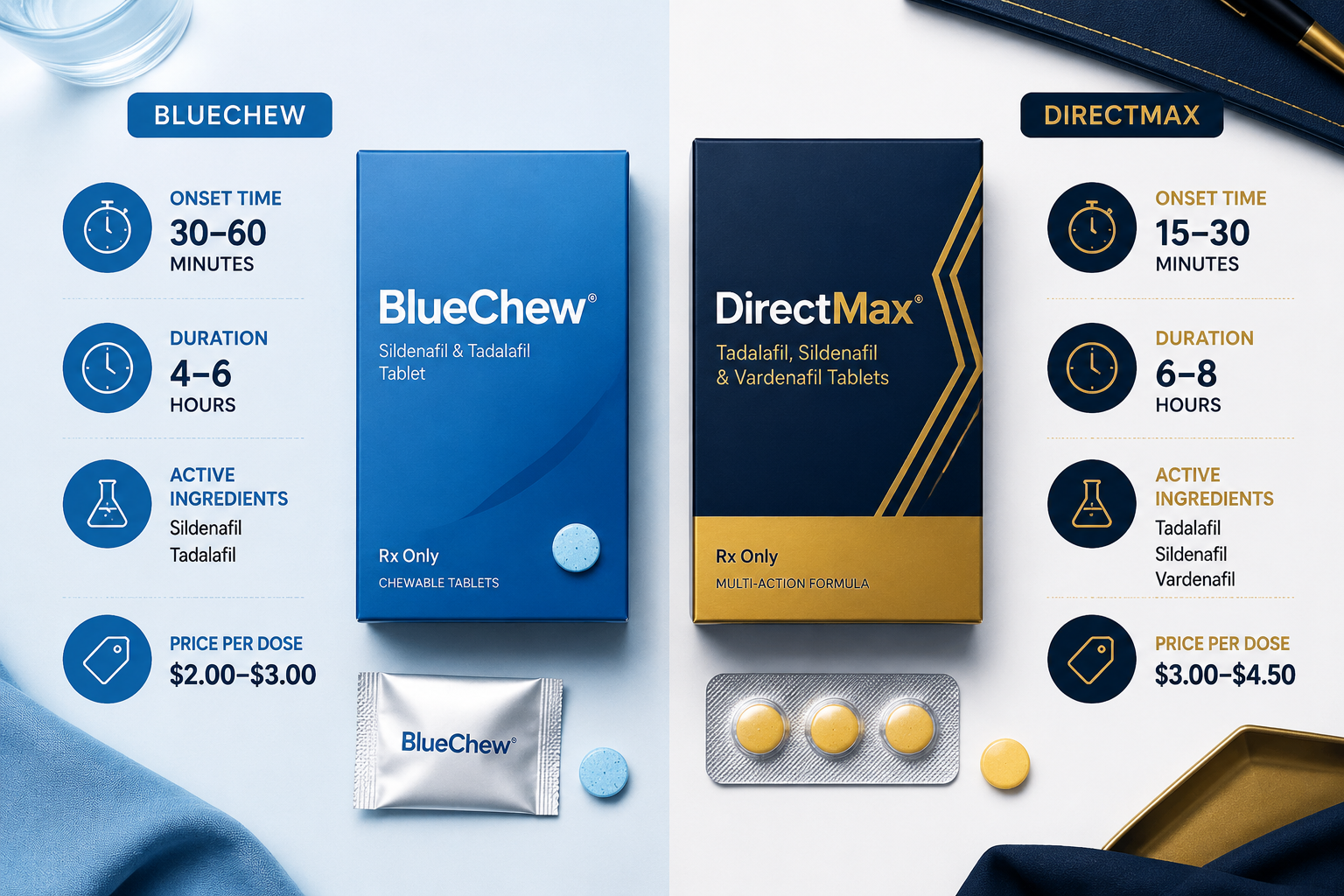 bluechew vs directmax comparison 1 () split-screen comparison infographic showing two ED medication product boxes labeled BlueChew and DirectMax side by side