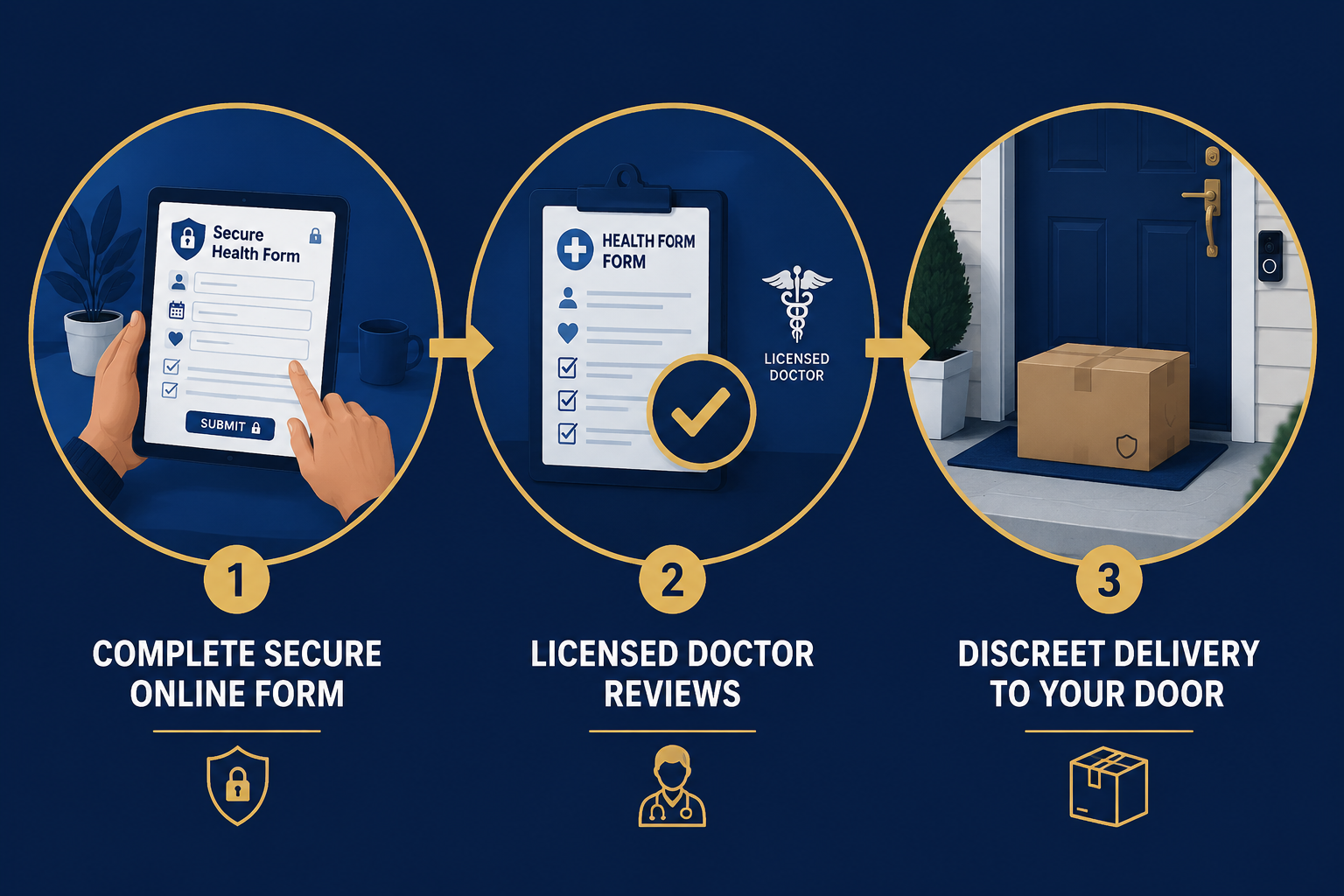 online ed pills with discreet shipping 3 () step-by-step process infographic illustration showing three stages left to right: Stage 1 — man filling out a secure