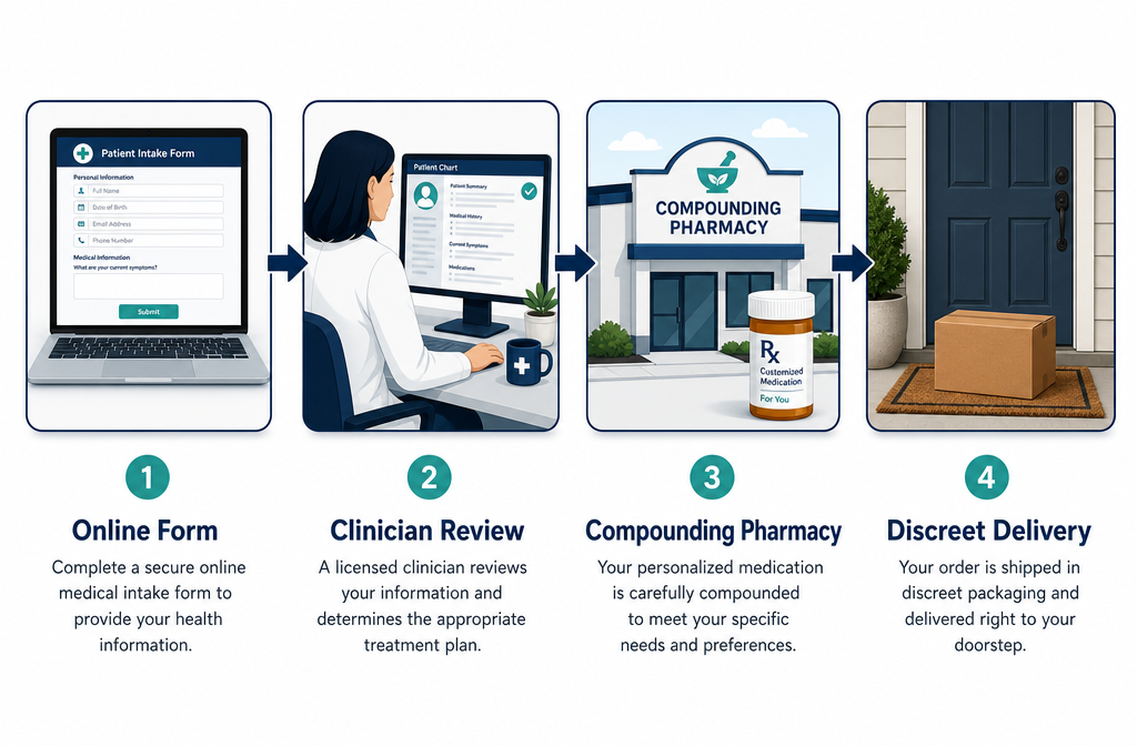 Direct Meds ED DirectMax Review 2026 – The New ED Solution That Works 2 () step-by-step telehealth process infographic showing four clean icon panels in horizontal flow: (1) laptop with online