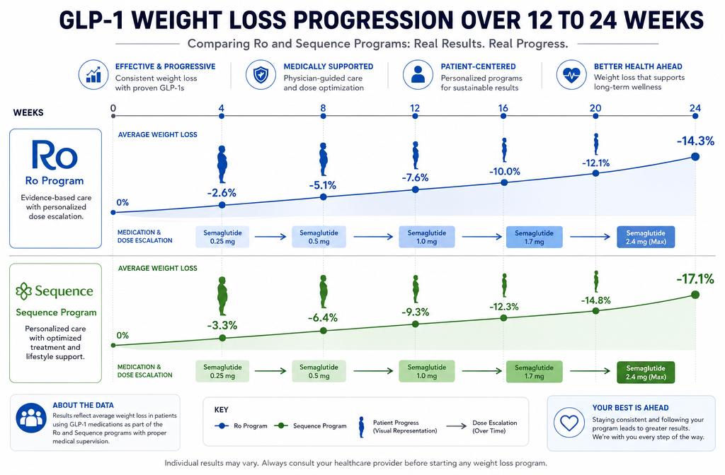 Ro vs Sequence 4 () timeline infographic showing GLP-1 weight loss results progression over 12-24 weeks for two programs, with side-by-side