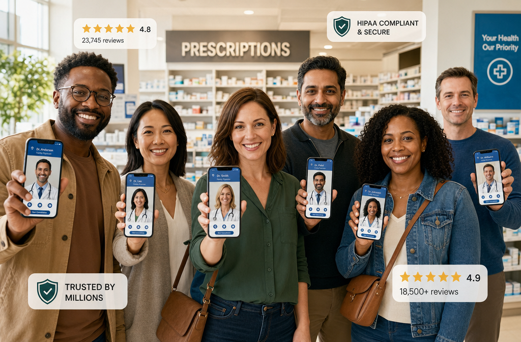 () wide-angle shot of a diverse group of adults in their 30s and 40s — men and women — each holding smartphones showing