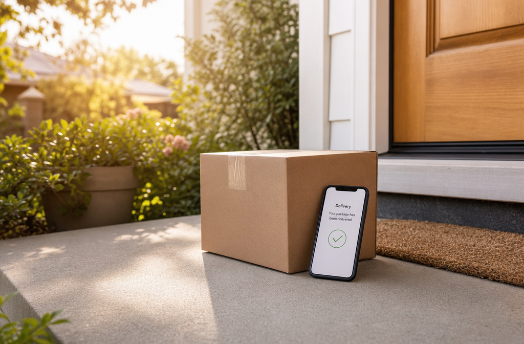 () wide shot of a discreet plain brown shipping box on a doorstep next to a smartphone showing a delivery notification, soft