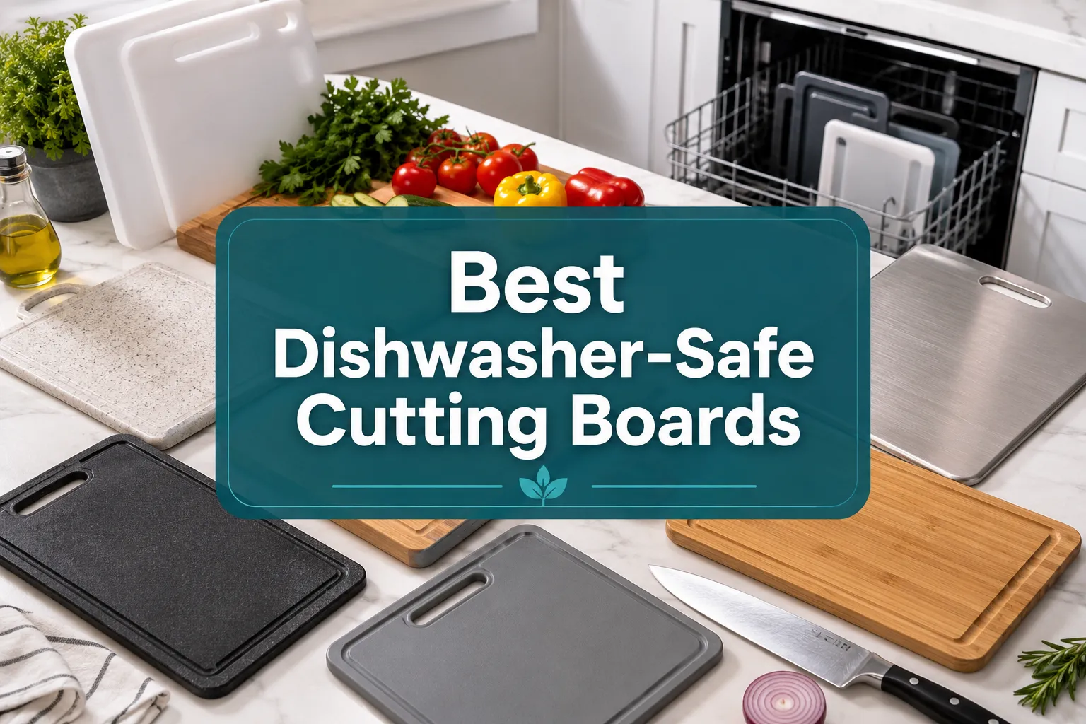 Professional () hero image with 'Best Dishwasher-Safe Cutting Boards' in crisp white on a deep teal semi-transparent panel,