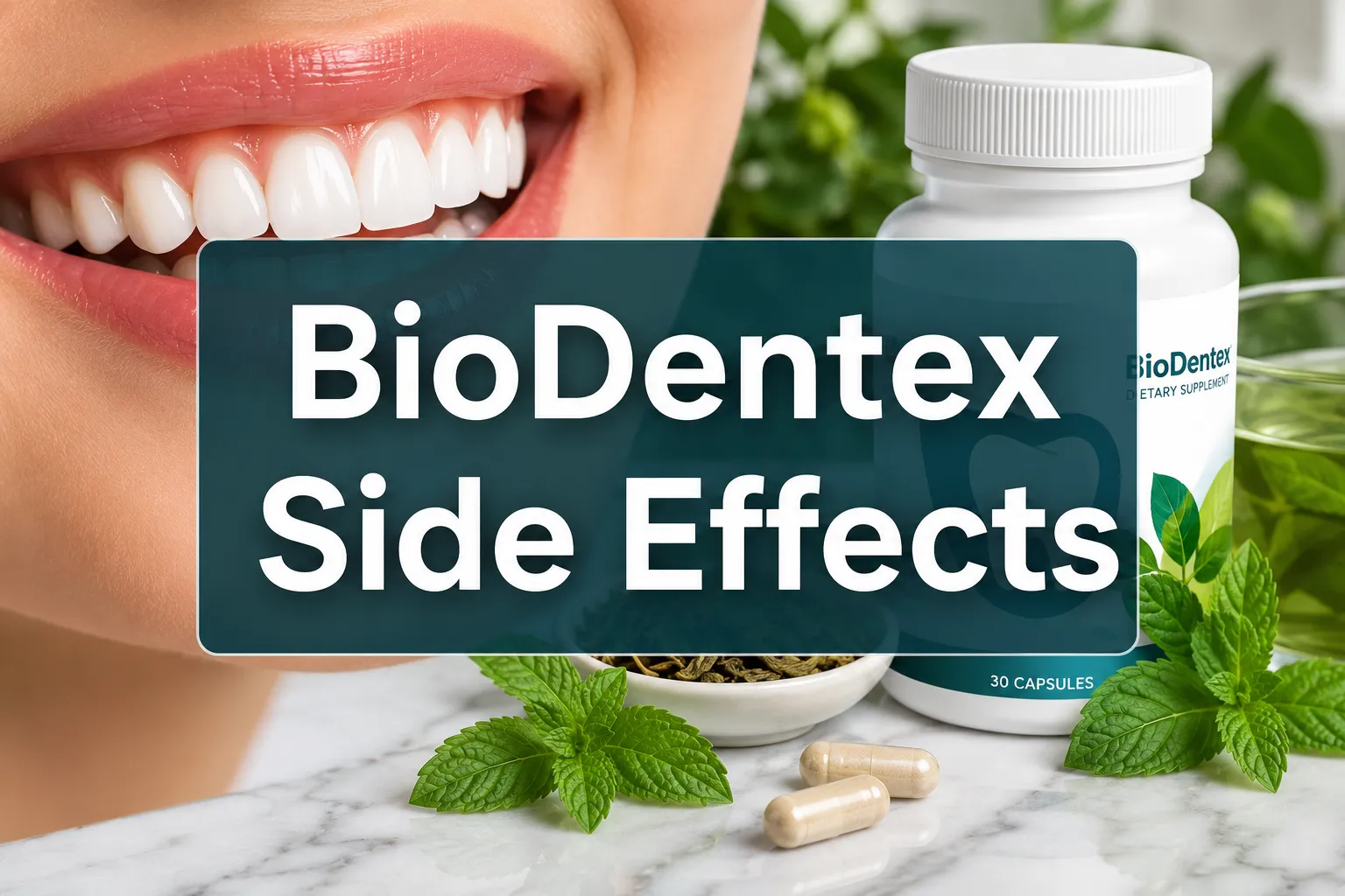 Professional () hero image with 'BioDentex Side Effects' in crisp white on a deep teal semi-transparent panel, centered with