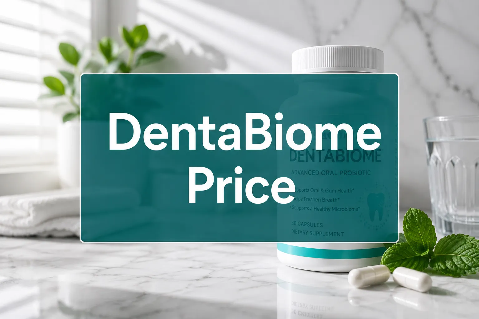 DentaBiome Price 1 Professional () hero image with 'DentaBiome Price' in crisp white on a deep teal semi-transparent panel, centered with 8%