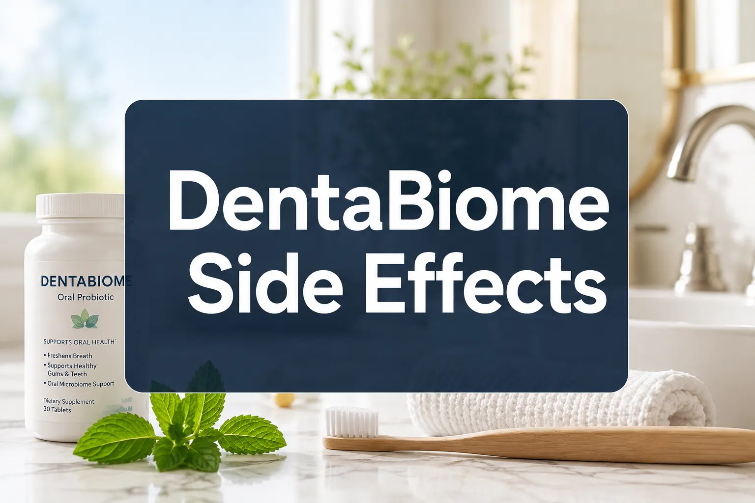 DentaBiome Side Effects 1 Professional () hero image with 'DentaBiome Side Effects' in crisp white on a deep navy semi-transparent panel, centered