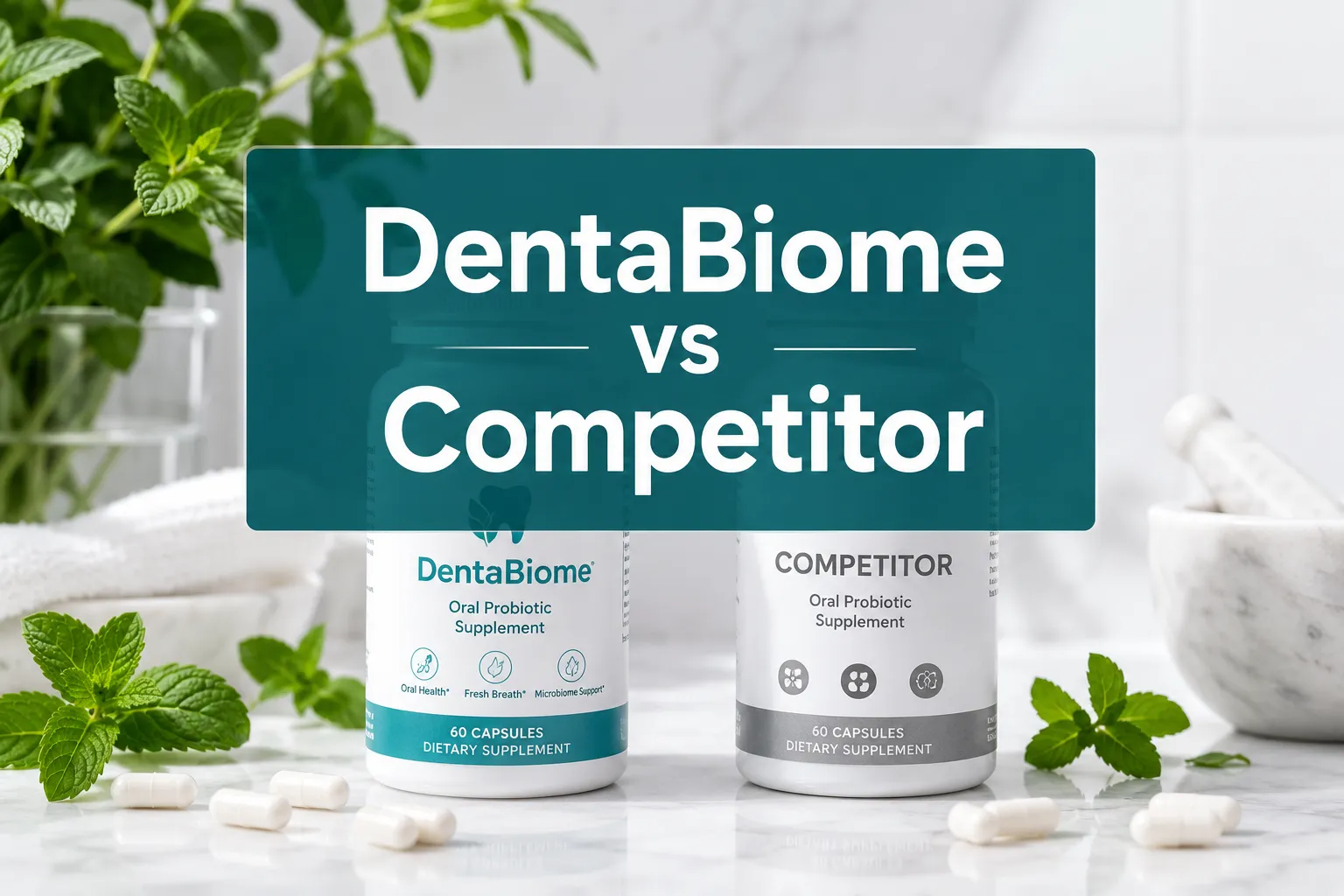 Professional () hero image with 'DentaBiome vs Competitor' in crisp white on a deep teal semi-transparent panel, centered