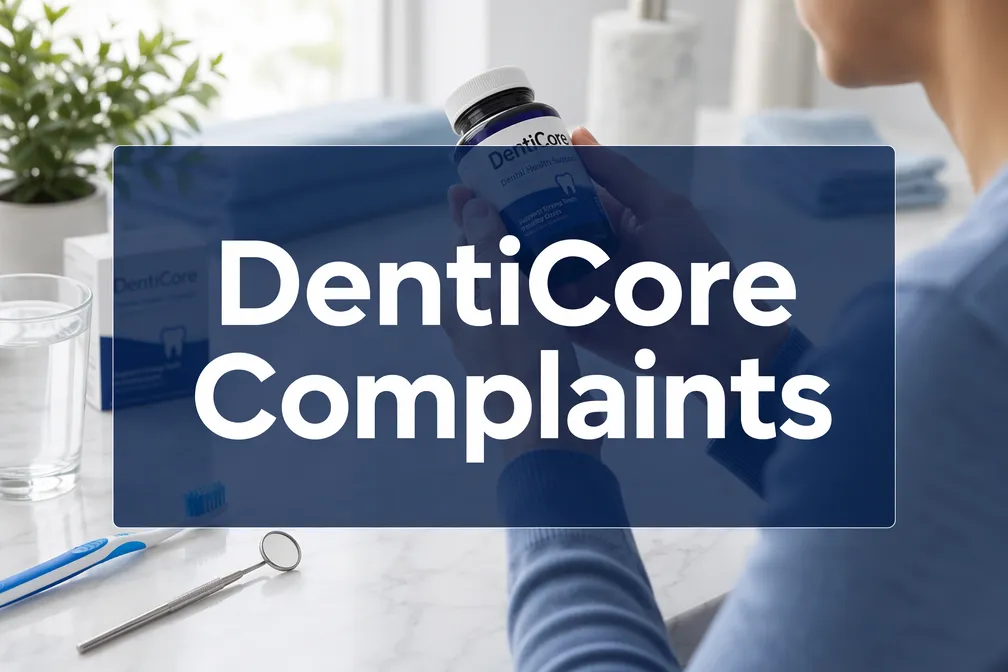 Professional () hero image with 'DentiCore Complaints' in crisp white on a deep navy semi-transparent panel, centered with