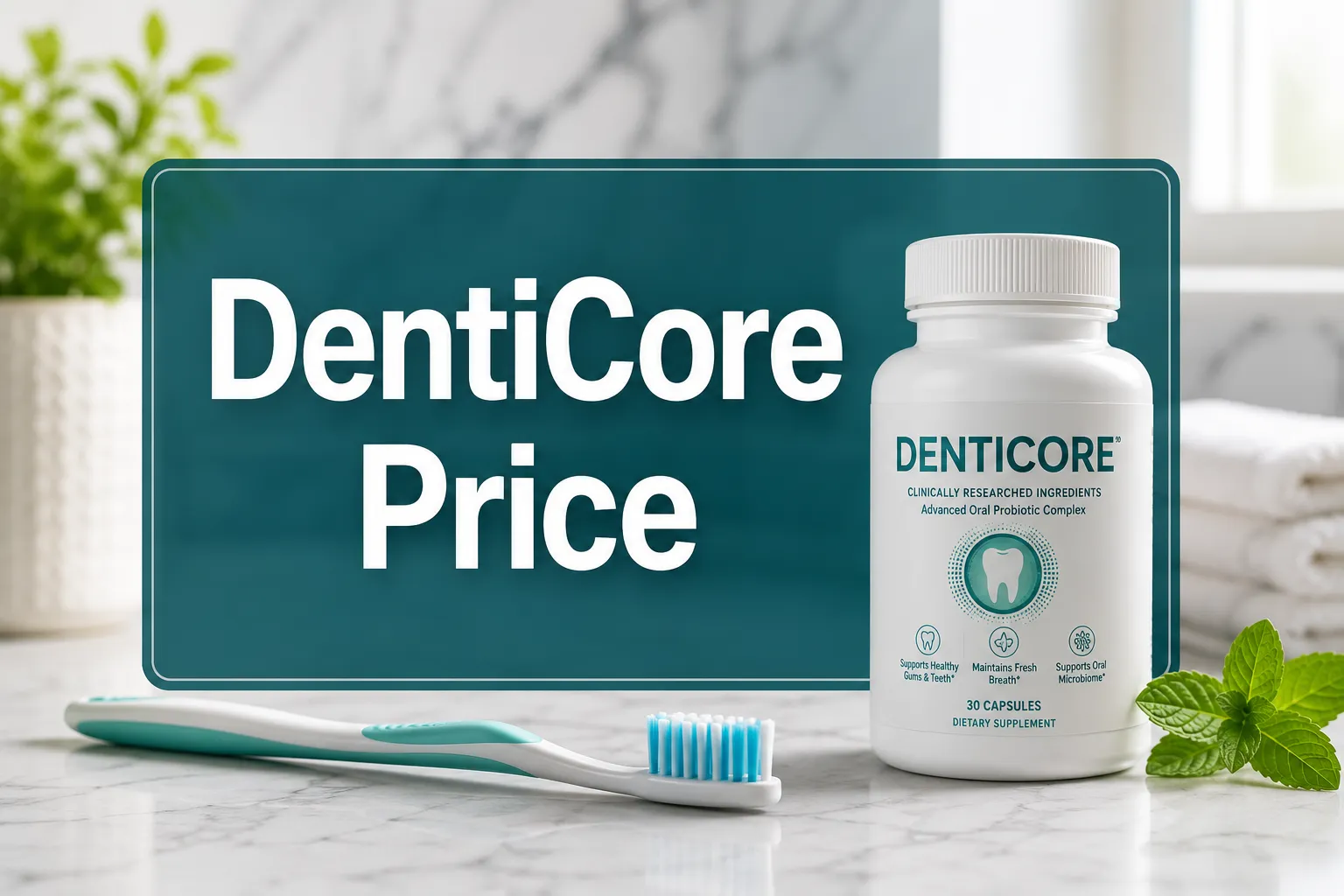 Professional () hero image with 'DentiCore Price' in crisp white on a deep teal semi-transparent panel, centered with 8%