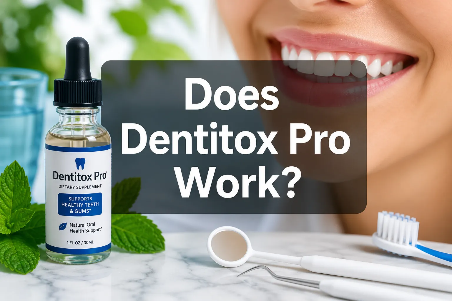 Does Dentitox Pro Work 1 Professional () hero image with 'Does Dentitox Pro Work?' in crisp white on a dark semi-transparent panel, centered with 8%
