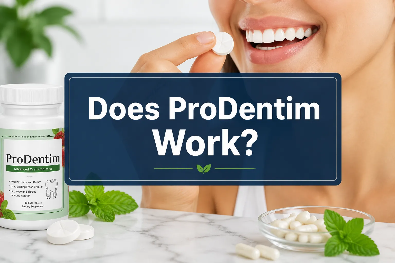 Does ProDentim Work? 1 Professional () hero image with 'Does ProDentim Work?' in crisp white on a deep navy semi-transparent panel, centered with