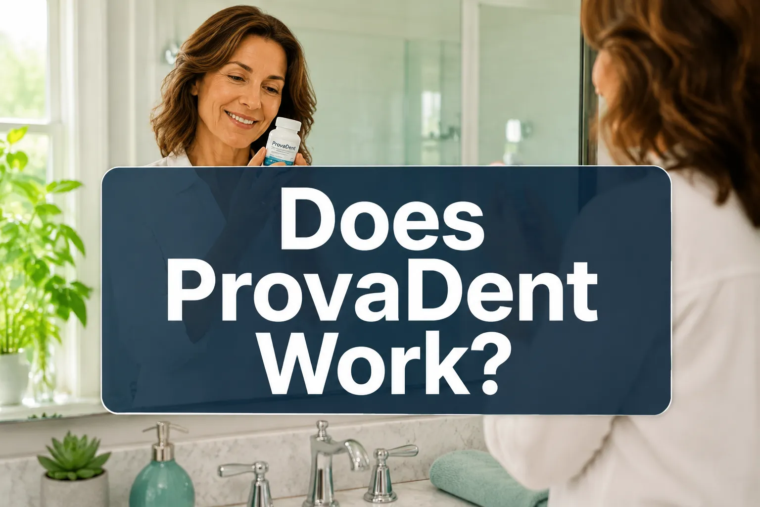 Does ProvaDent Work 1 Professional () hero image with 'Does ProvaDent Work?' in crisp white on a semi-transparent dark navy panel, centered with