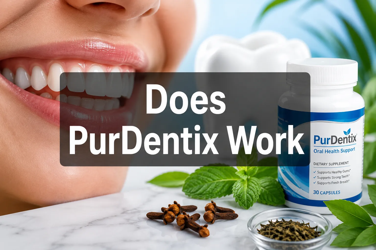 Does PurDentix Work 1 Professional () hero image with 'Does PurDentix Work' in crisp white on a semi-transparent dark panel, centered with 8% safe