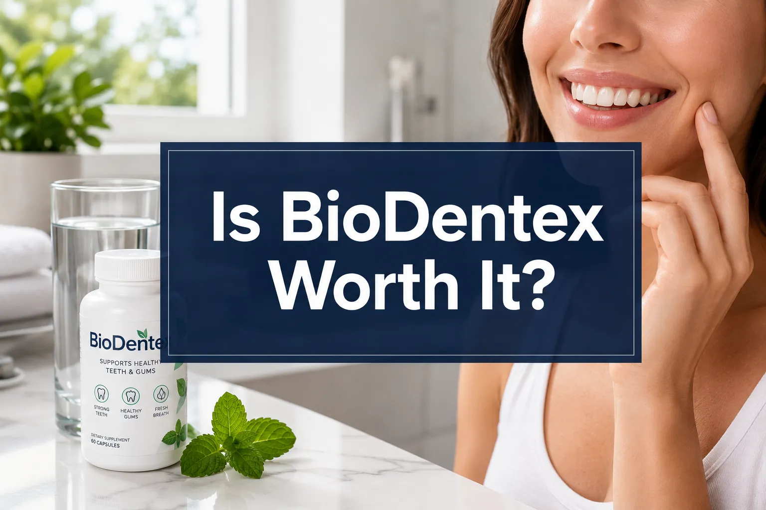 Professional () hero image with 'Is BioDentex Worth It?' in crisp white on a deep navy semi-transparent panel, centered with