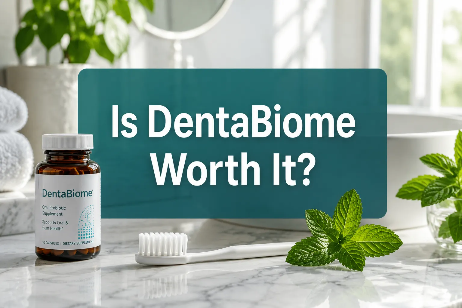 Professional () hero image with 'Is DentaBiome Worth It?' in crisp white on a deep teal semi-transparent panel, centered