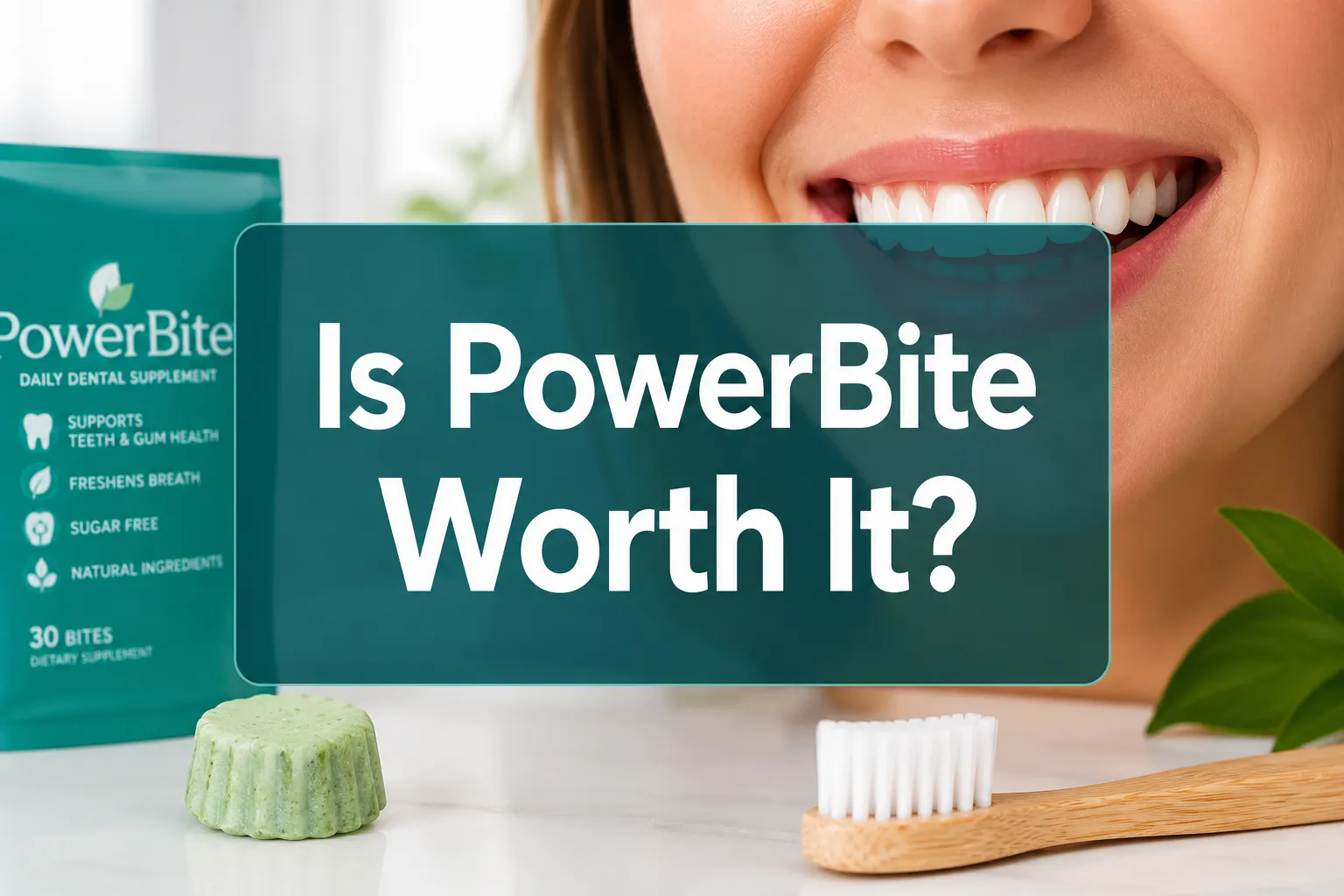 Professional () hero image with 'Is PowerBite Worth It?' in crisp white on a deep teal semi-transparent panel, centered with