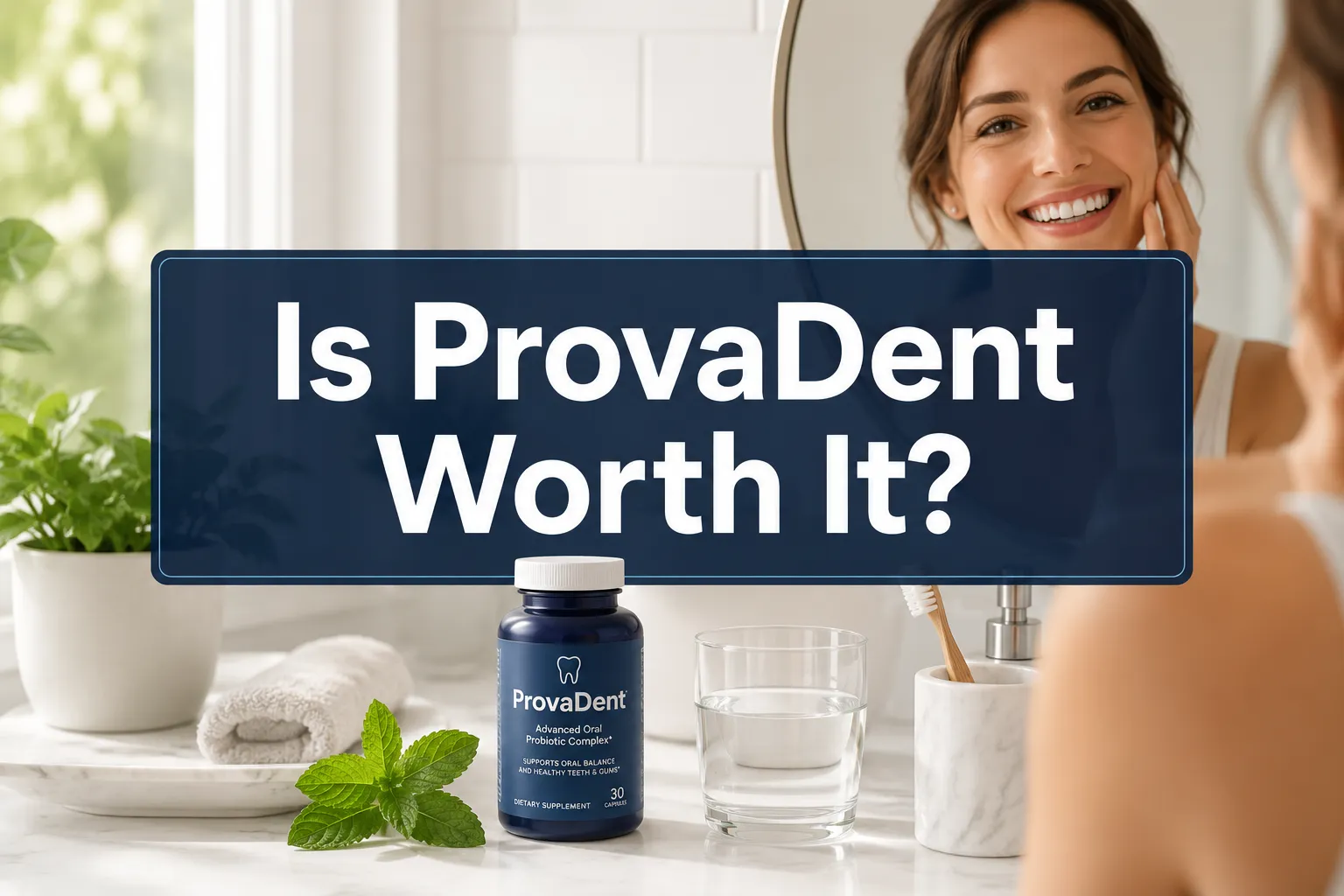 Professional () hero image with 'Is ProvaDent Worth It?' in crisp white on a deep navy semi-transparent panel, centered with
