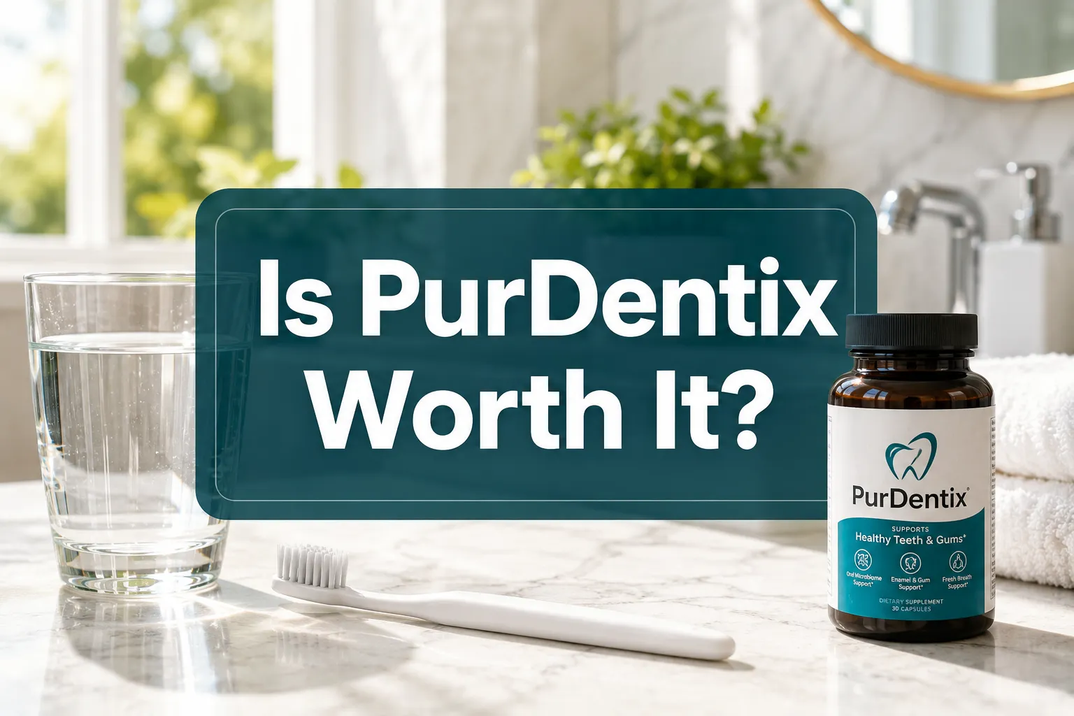 Professional () hero image with 'Is PurDentix Worth It?' in crisp white on a deep teal semi-transparent panel, centered with