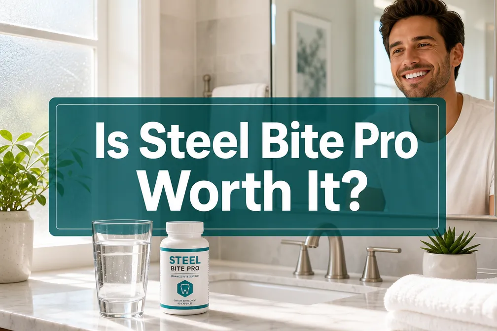 Professional () hero image with 'Is Steel Bite Pro Worth It?' in crisp white on a deep teal semi-transparent panel, centered