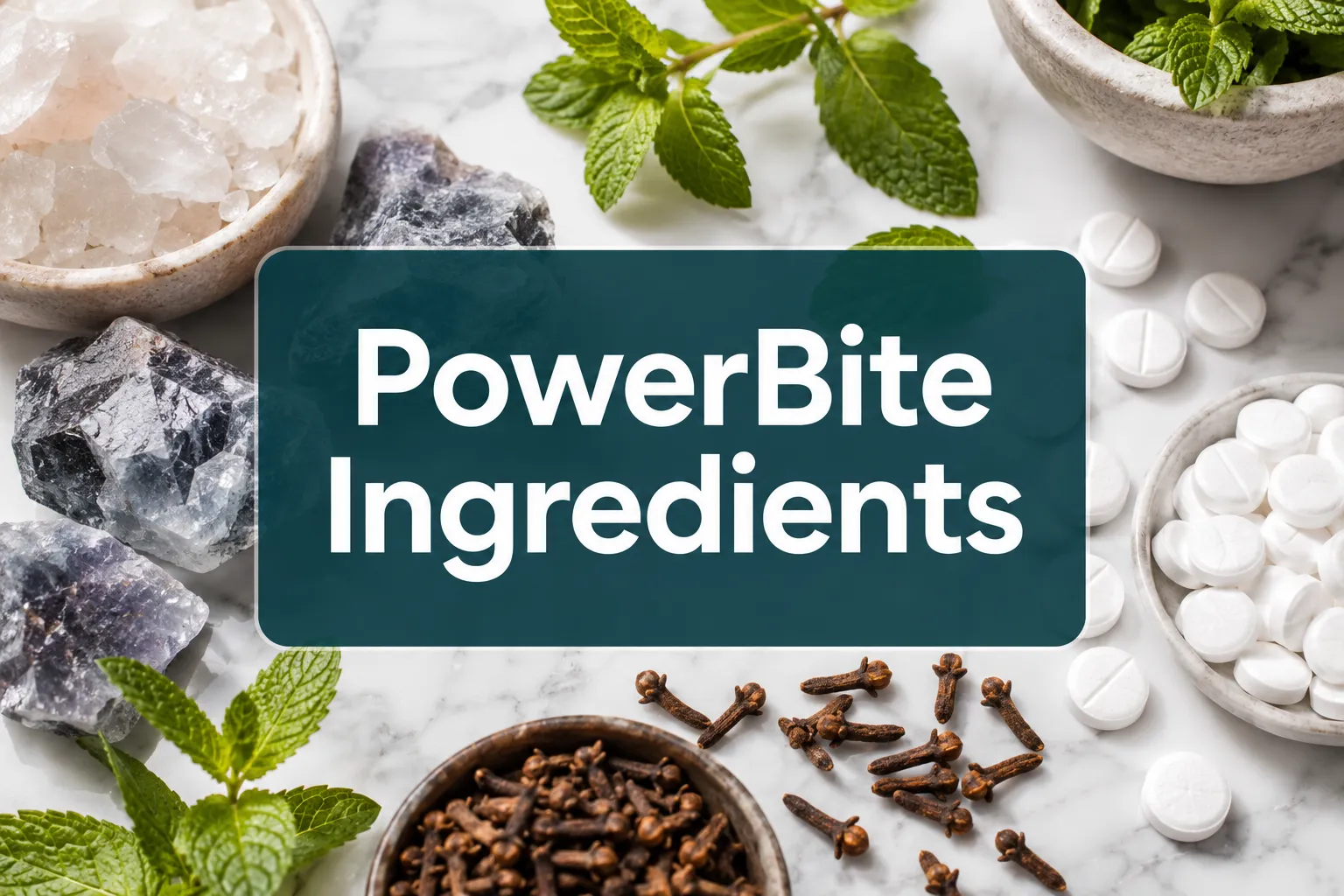 PowerBite ingredients 1 Professional () hero image with 'PowerBite Ingredients' in crisp white on a deep teal semi-transparent panel, centered with