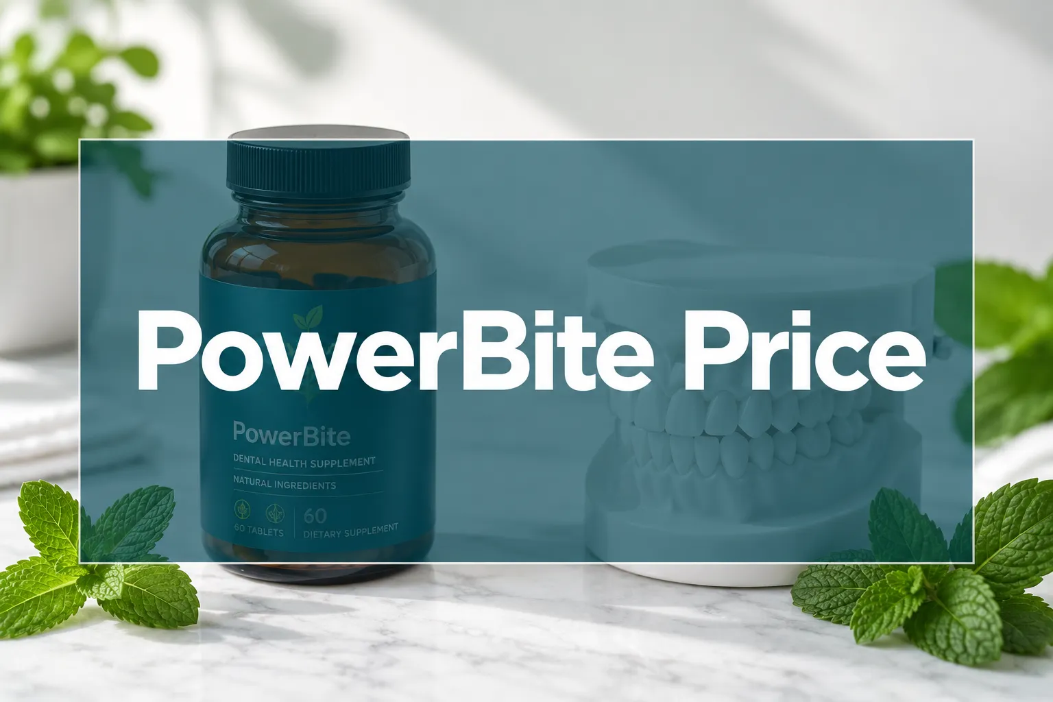 Professional () hero image with 'PowerBite Price' in crisp white on a deep teal semi-transparent panel, centered with 8%