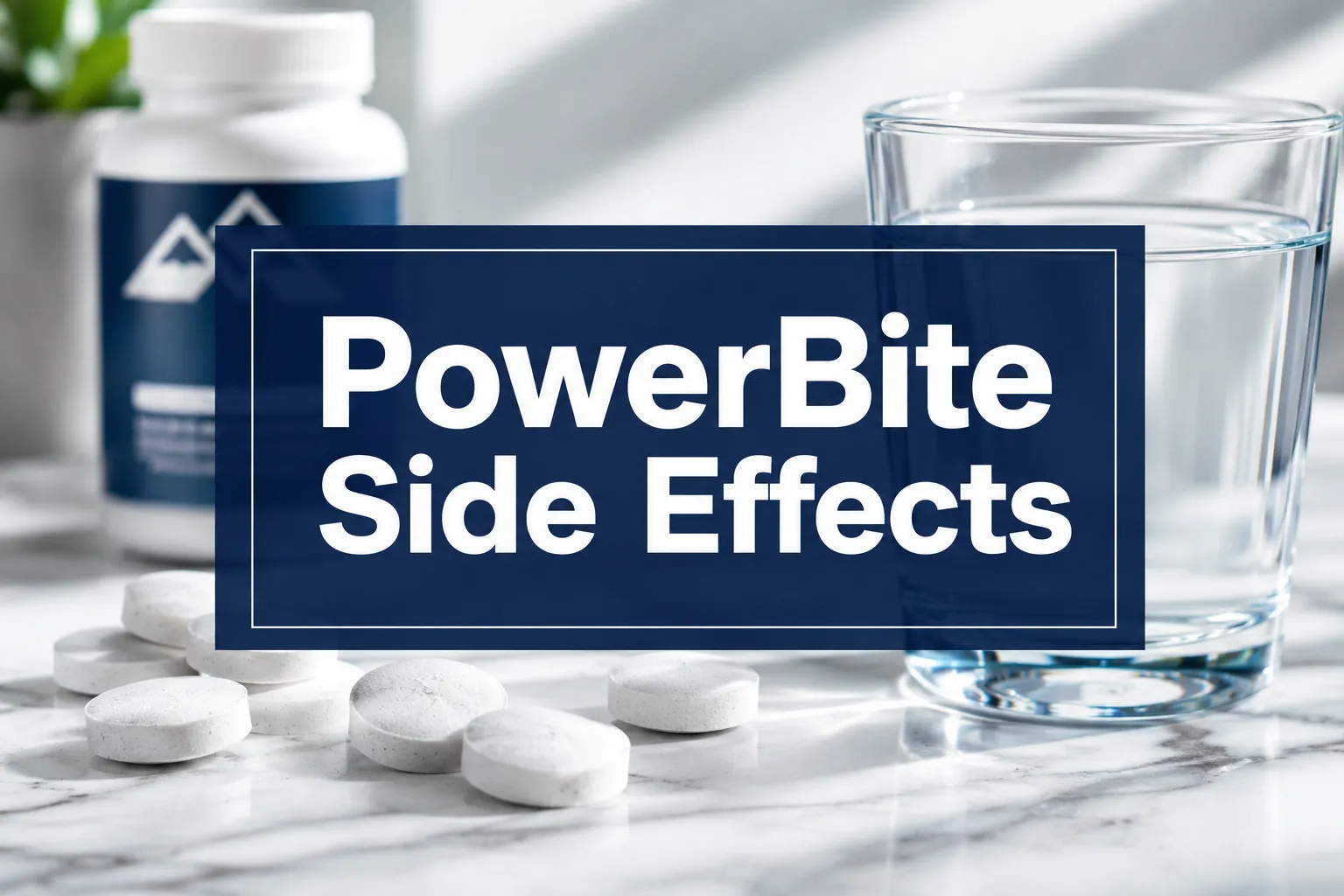 PowerBite Side Effects 1 Professional () hero image with 'PowerBite Side Effects' in crisp white on a deep navy semi-transparent panel, centered with