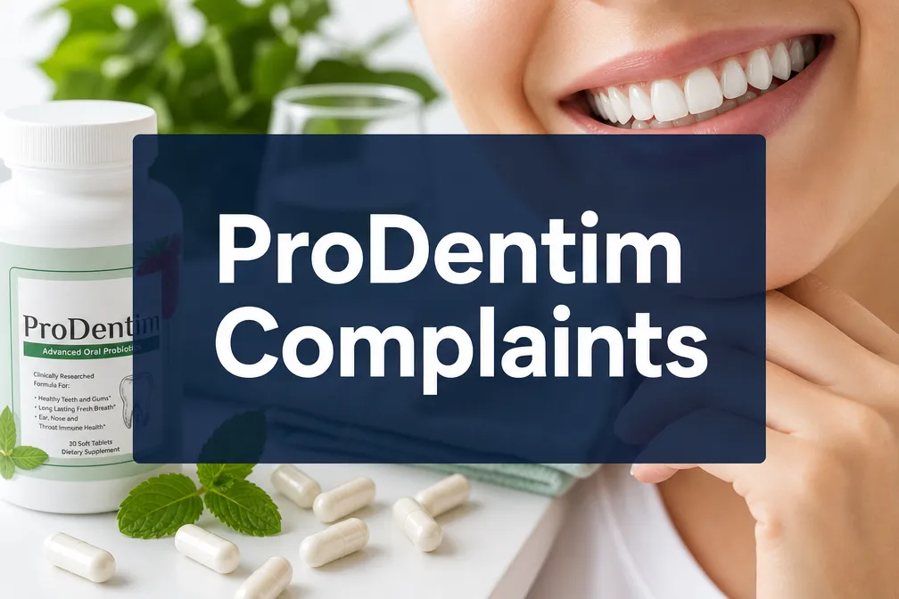 Professional () hero image with 'ProDentim Complaints' in crisp white on a deep navy semi-transparent panel, centered with