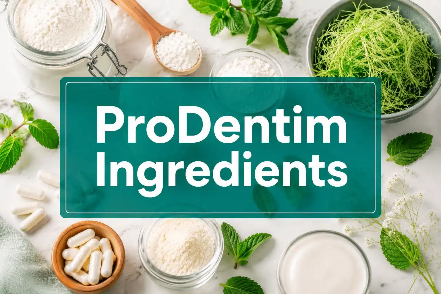 Professional () hero image with 'ProDentim Ingredients' in crisp white on a deep teal semi-transparent panel, centered with