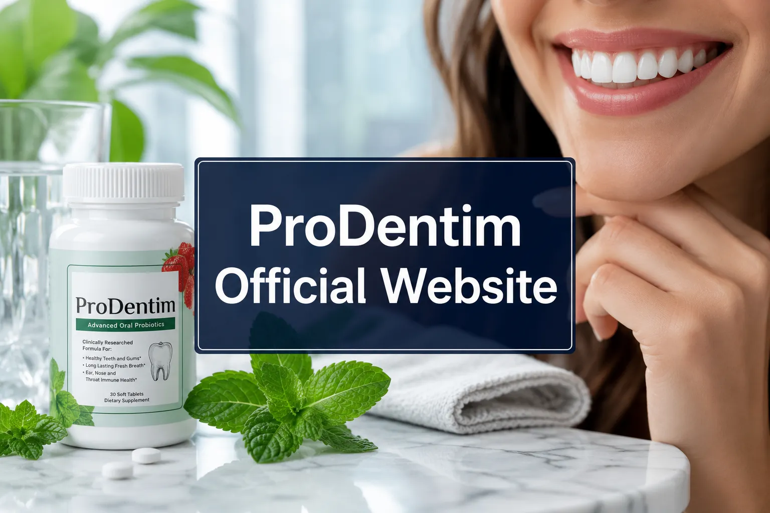 ProDentim Official Website: Where to Buy Safely and Avoid Counterfeits 1 Professional () hero image with 'ProDentim Official Website' in crisp white on a deep navy semi-transparent panel, centered