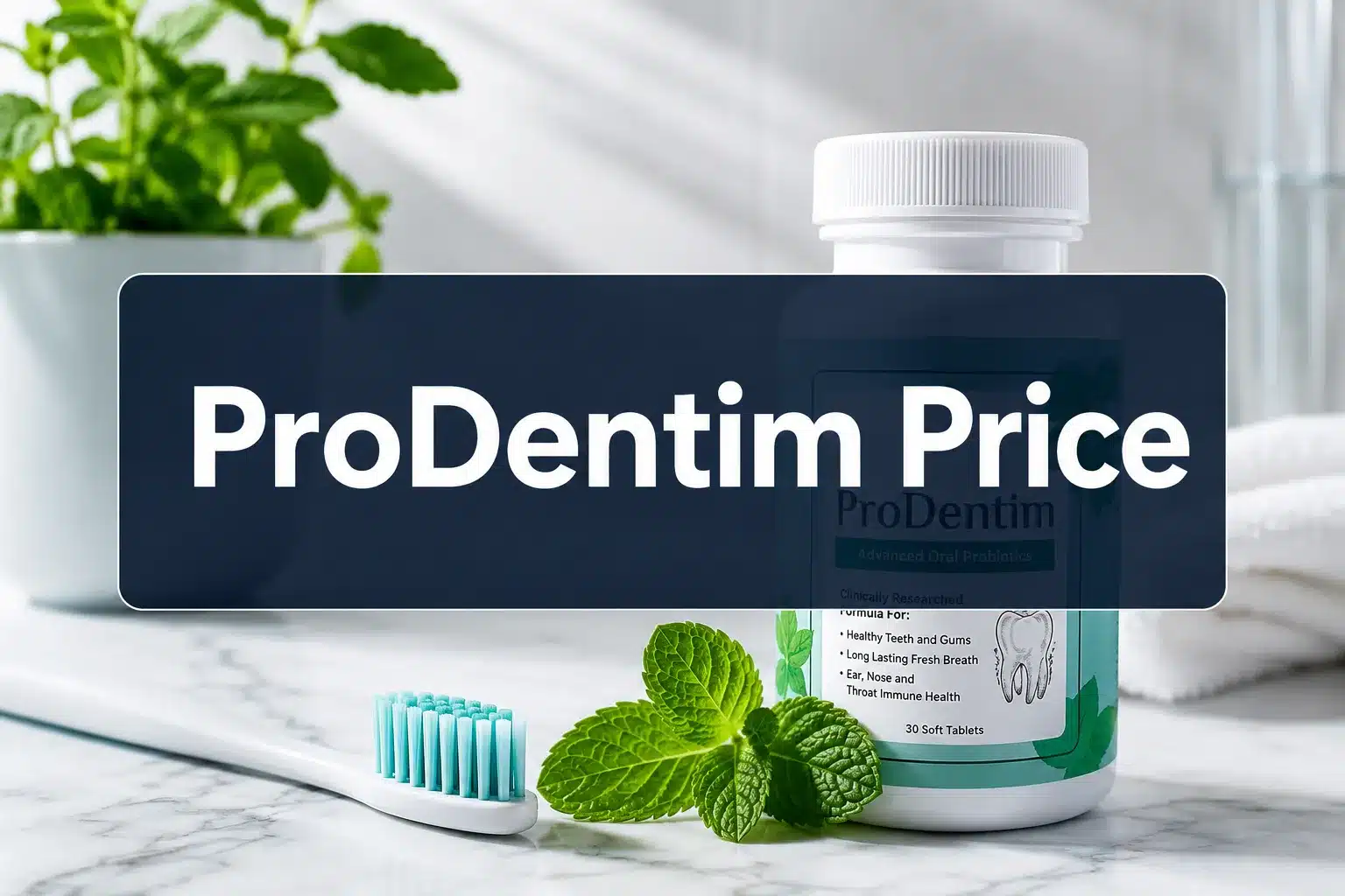 ProDentim Price 1 Professional () hero image with 'ProDentim Price' in crisp white on a deep navy semi-transparent panel, centered with 8%