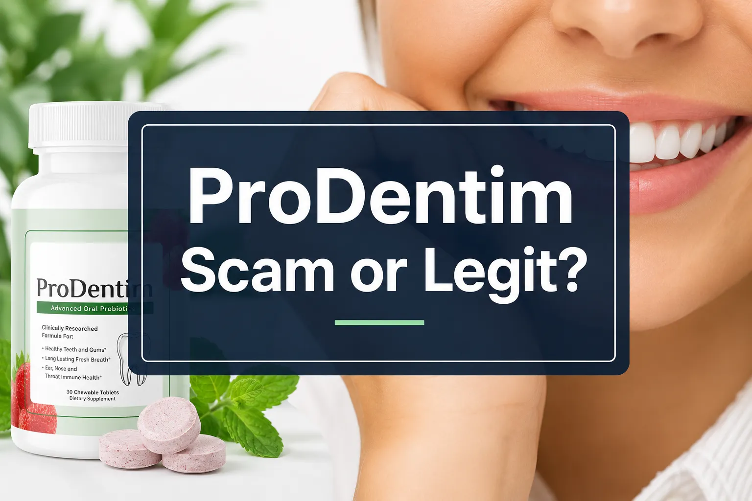 Professional () hero image with 'ProDentim Scam or Legit?' in crisp white on a deep navy semi-transparent panel, centered