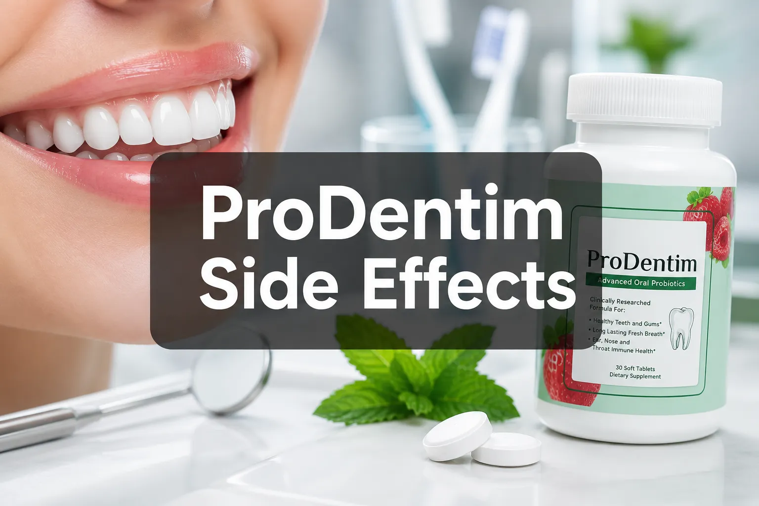 ProDentim Side Effects: Is It Safe or Are There Hidden Risks? 1 Professional () hero image with 'ProDentim Side Effects' in crisp white on a semi-transparent dark panel, centered with 8%