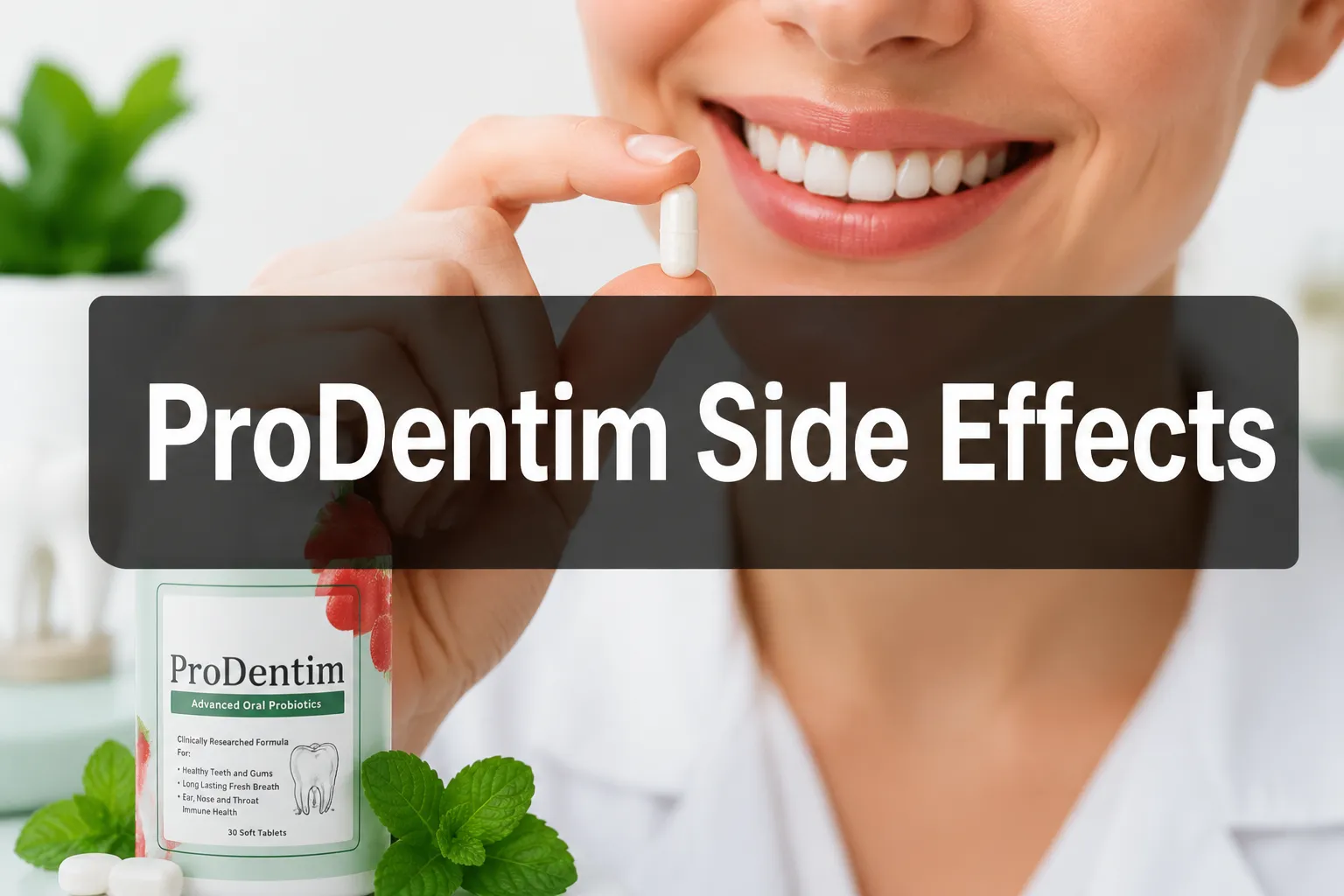 ProDentim Side Effects 1 Professional () hero image with 'ProDentim Side Effects' in crisp white on a semi-transparent dark panel, centered with 8%
