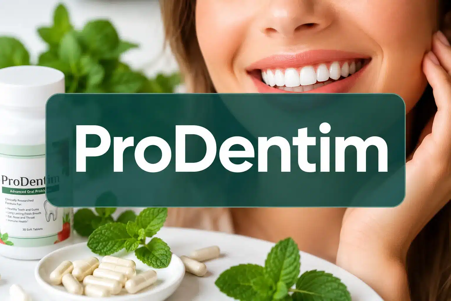 ProDentim 1 Professional () hero image with 'ProDentim' in crisp white on a deep teal semi-transparent panel, centered with 8% safe