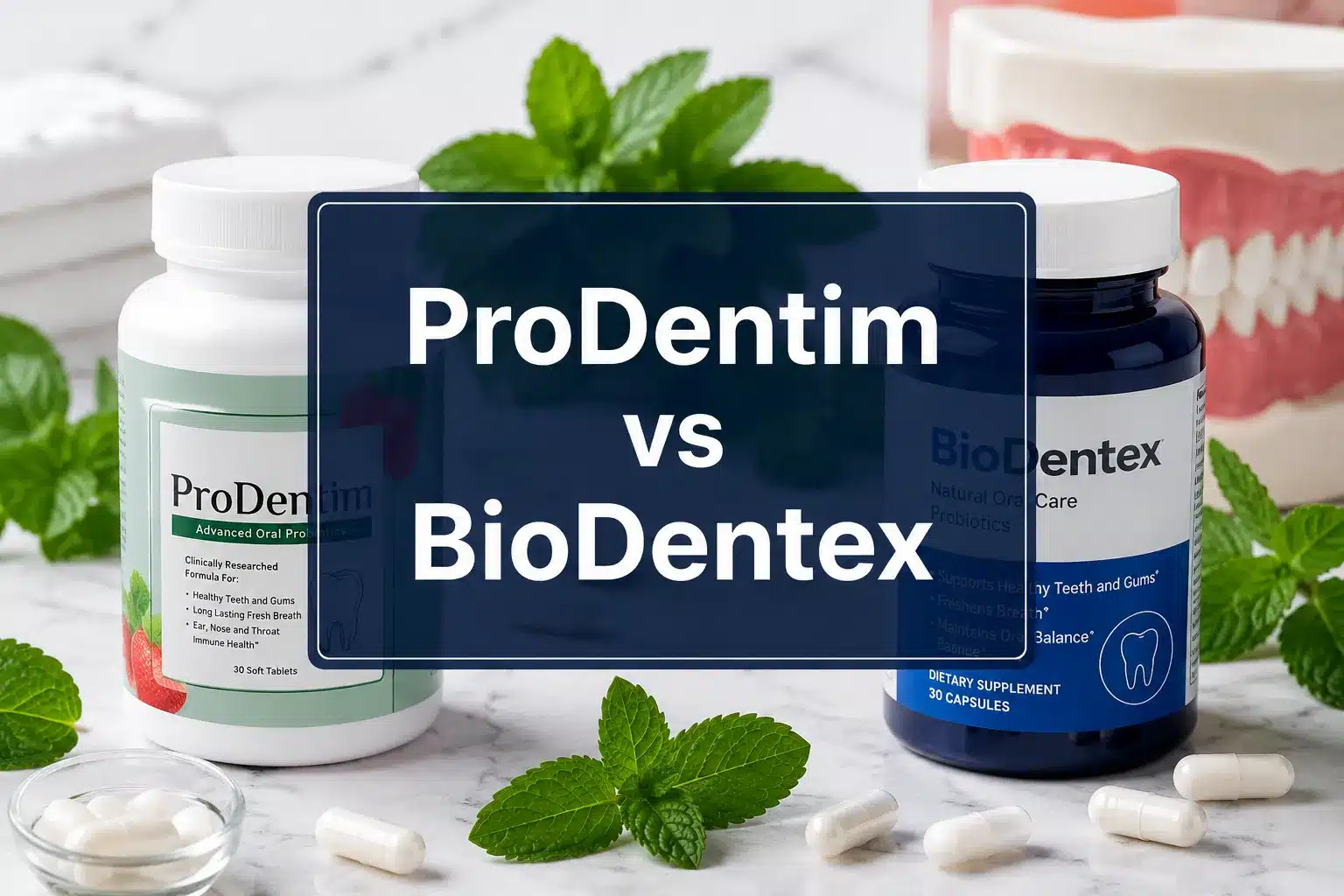 ProDentim vs BioDentex 1 Professional () hero image with 'ProDentim vs BioDentex' in crisp white on a deep navy semi-transparent panel, centered with